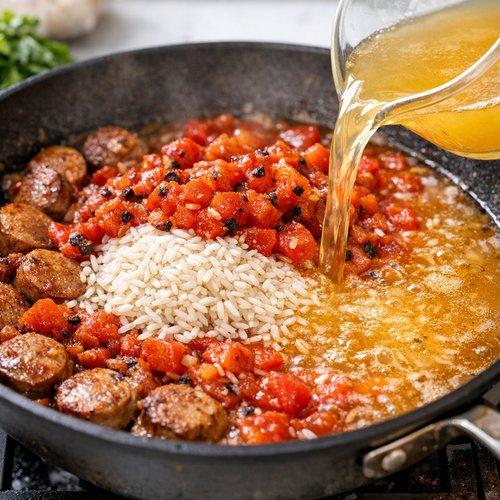 Step 4: Add Tomatoes, Rice, and Broth, Then Dissolve the Flavorful Browned Bits